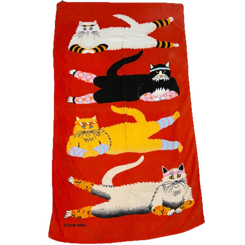 Vintage June Sobel Beach Towel Cat Exercise 57”x32” Red 80s Yoga - Picture 1 of 13